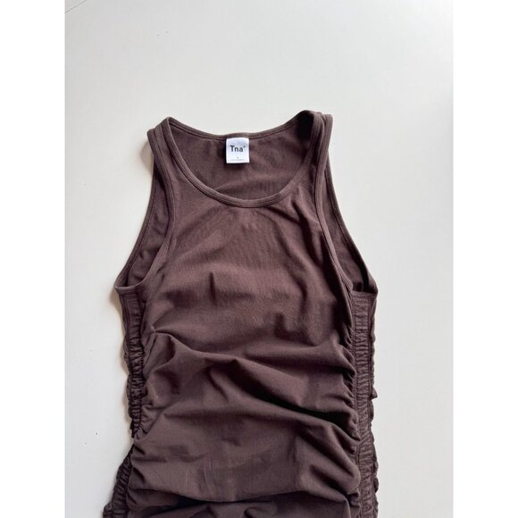 Aritzia TNA Chill Malibu Brown Cotton Jersey Ruched Mini Tank Dress, Size S - Picture 6 of 12